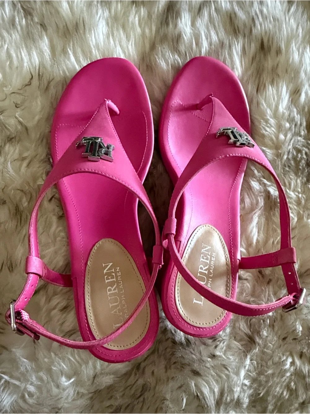 Ralph Lauren Jeannie Hot Pink low Wedge dressy designer hamptons Thong Sandals 8